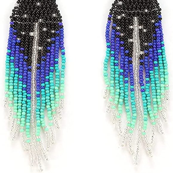 Long 5" Turquoise Blue & Black Beaded Large Oversized Bohemian Handmade Earrings - Picture 5 of 9